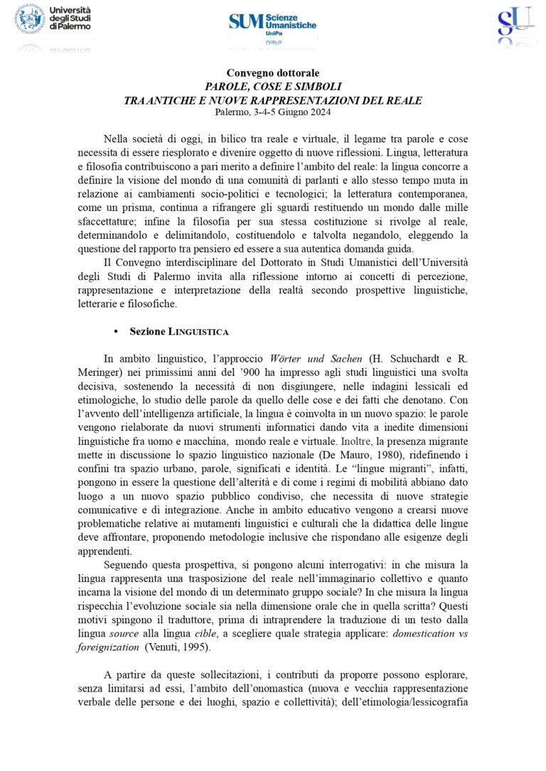 Convegno dottorale: PAROLE, COSE E SIMBOLI TRA ANTICHE E NUOVE RAPPRESENTAZIONI DEL REALE