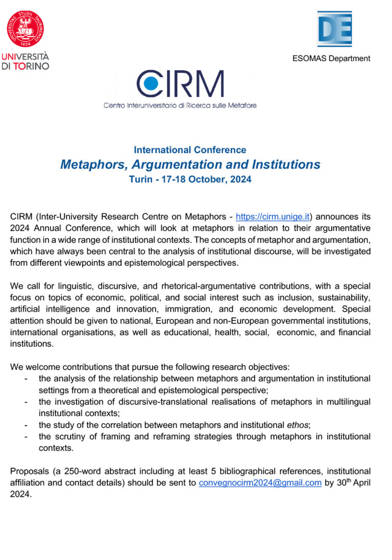 CfP: Metaphors, Argumentation, and Institutions- 17-18 October, 2024, University of Turin, Italy