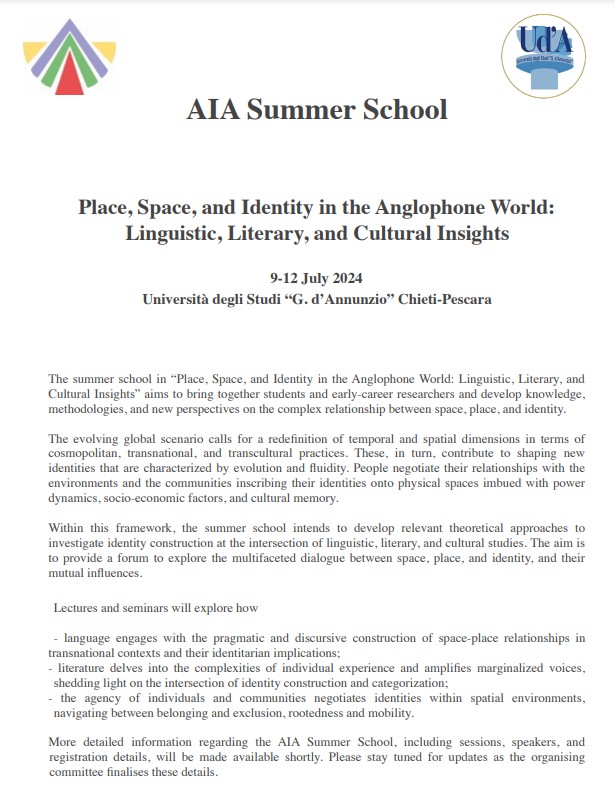 AIA Summer School – “Place, Space, and Identity in the Anglophone World: Linguistic, Literary, and Cultural Insights” (9-12 July 2024, Università degli Studi “G. d’Annunzio” Chieti-Pescara)
