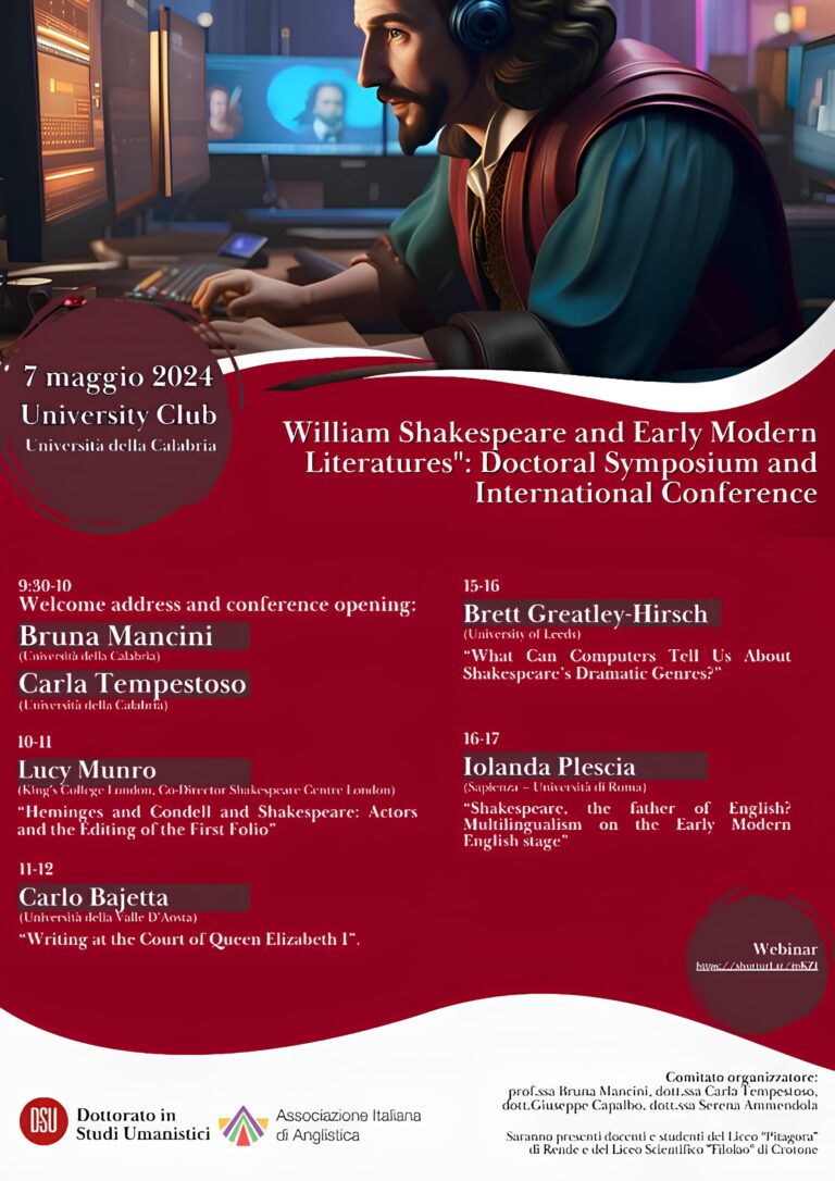 William Shakespeare and Early Modern Literatures – Doctoral Symposium and International Conference – University of Calabria (7 May 2024)