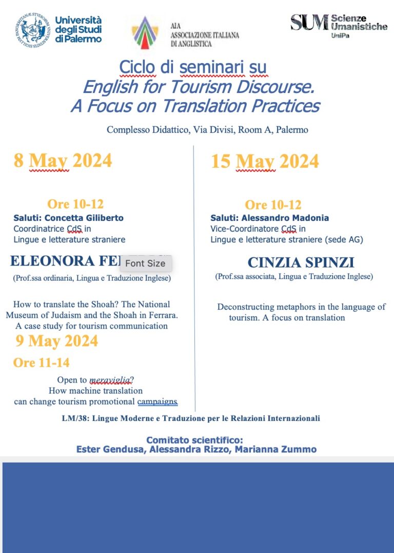 English for Tourism Discourse. A Focus on Translation Practice (Università di Palermo, 8 and 15 May 2024)