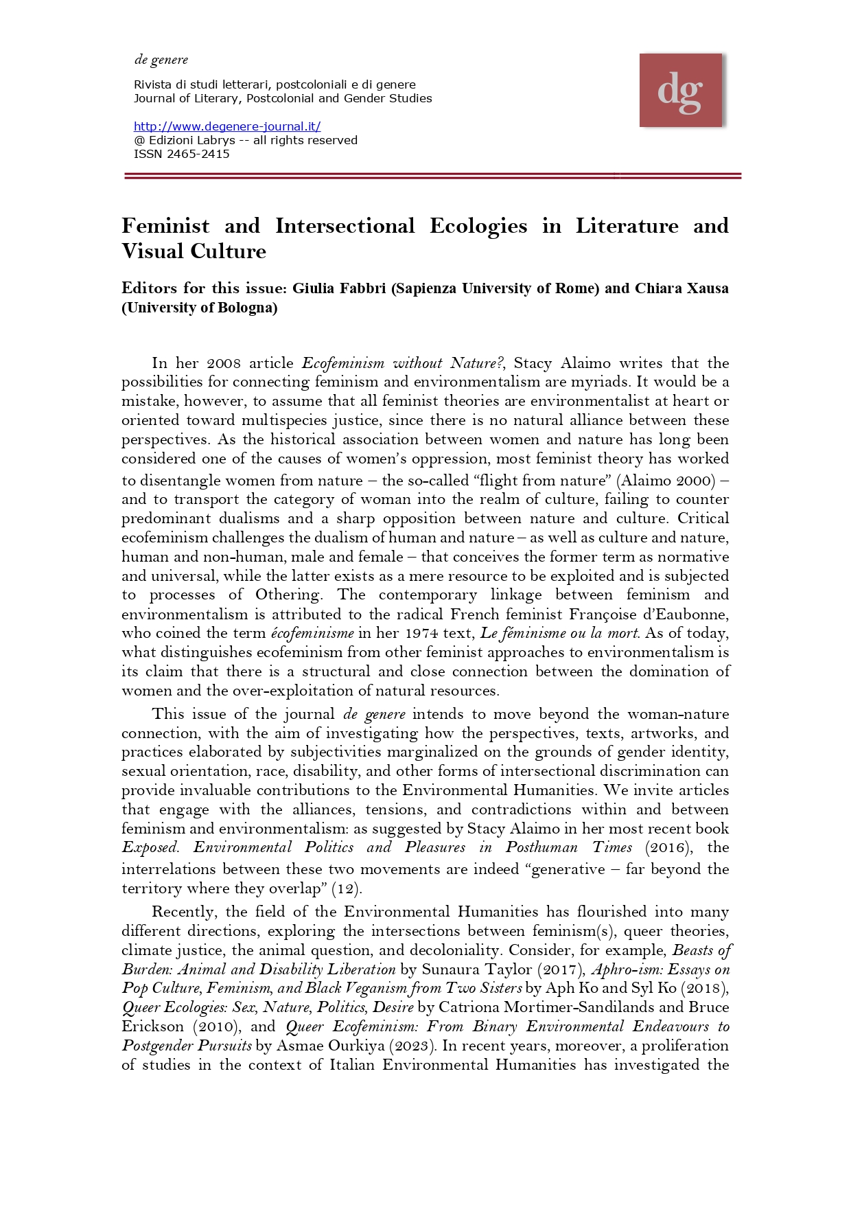 CALL FOR PAPERSde genere – Rivista di studi letterari, postcoloniali e di genere