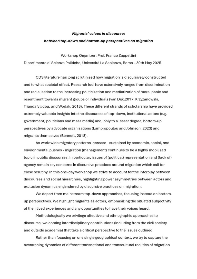 CALL FOR PAPERS: Migrants’ voices in discourse: between top-down and bottom-up perspectives on migration