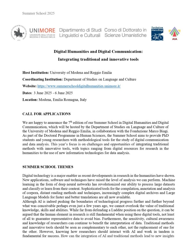 #CallforApplications: Summer School in “Digital Humanities and Digital Communication: Integrating traditional and innovative tools”