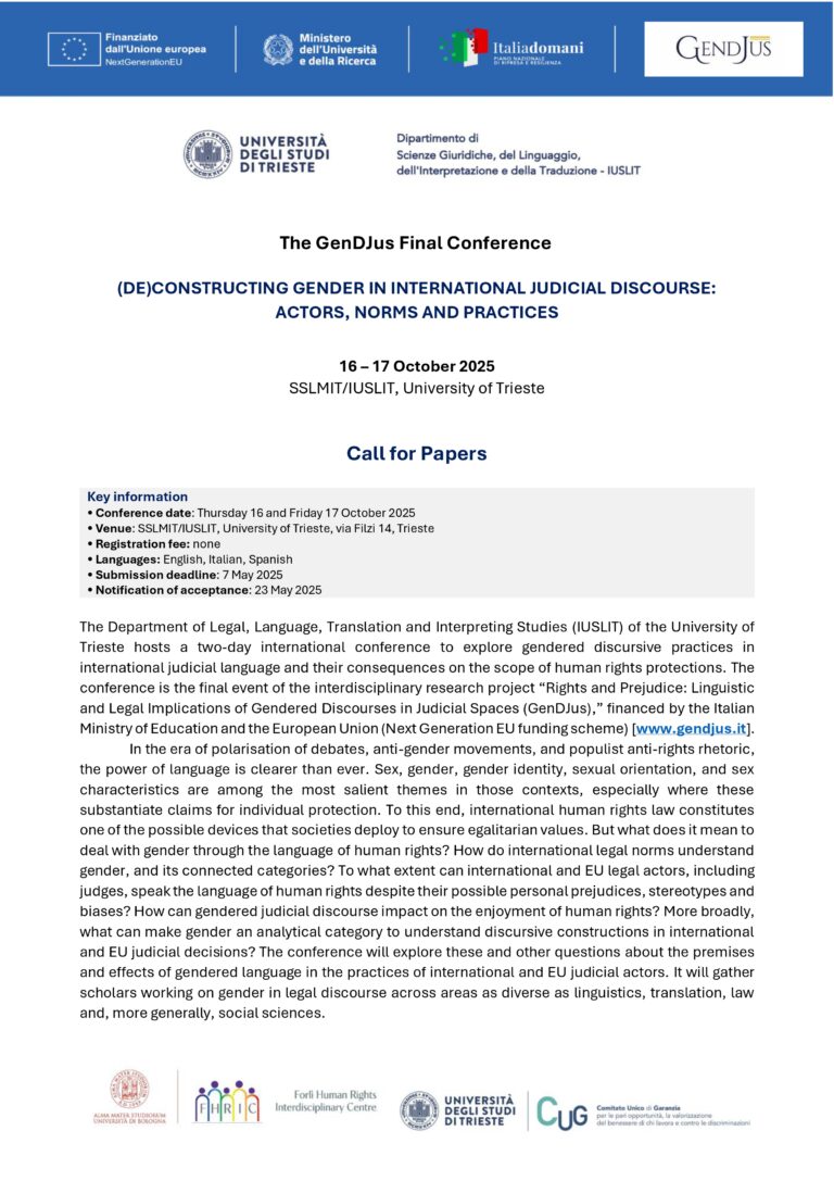 The GenDJus Final Conference – (DE)CONSTRUCTING GENDER IN INTERNATIONAL JUDICIAL DISCOURSE: ACTORS, NORMS AND PRACTICES