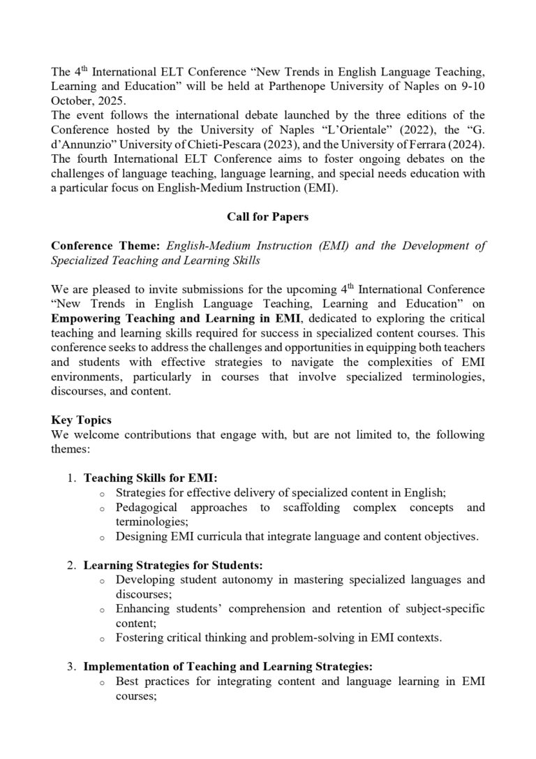 CALL FOR PAPERS – 4th International ELT Conference “New Trends in English Language Teaching, Learning and Education”