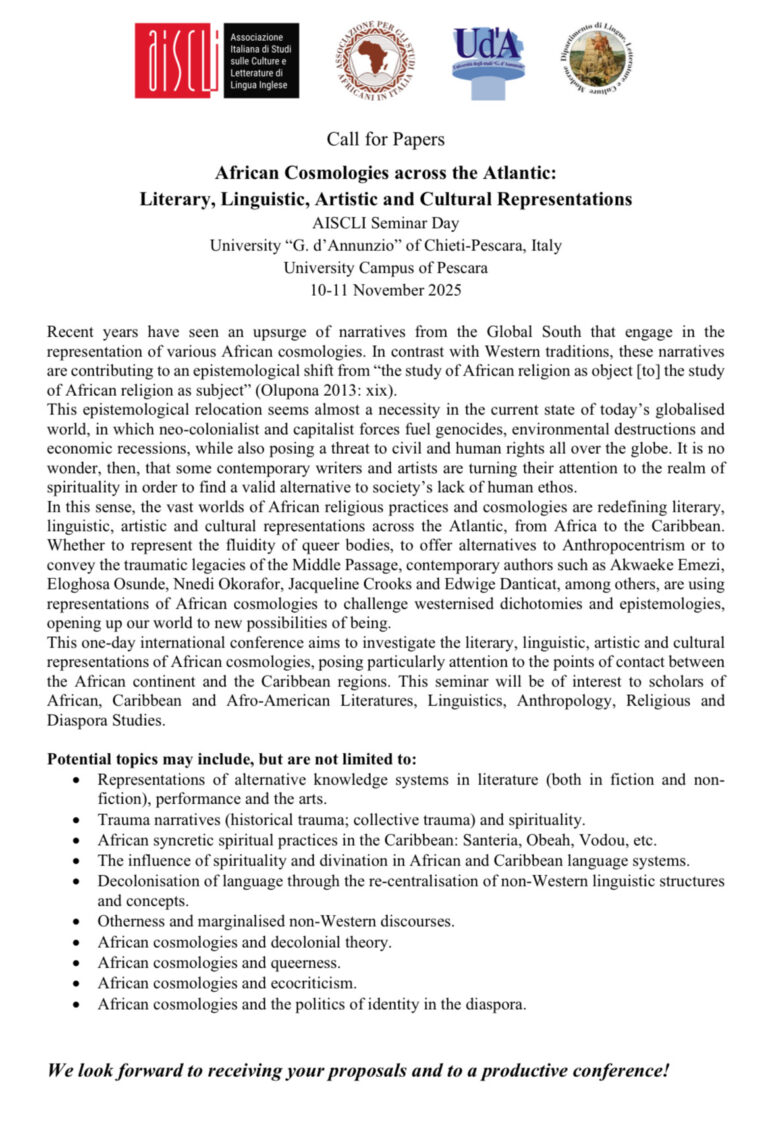 CALL FOR PAPERS   African Cosmologies across the Atlantic: Literary, Linguistic, Artistic and Cultural Representations       AISCLI Seminar Days