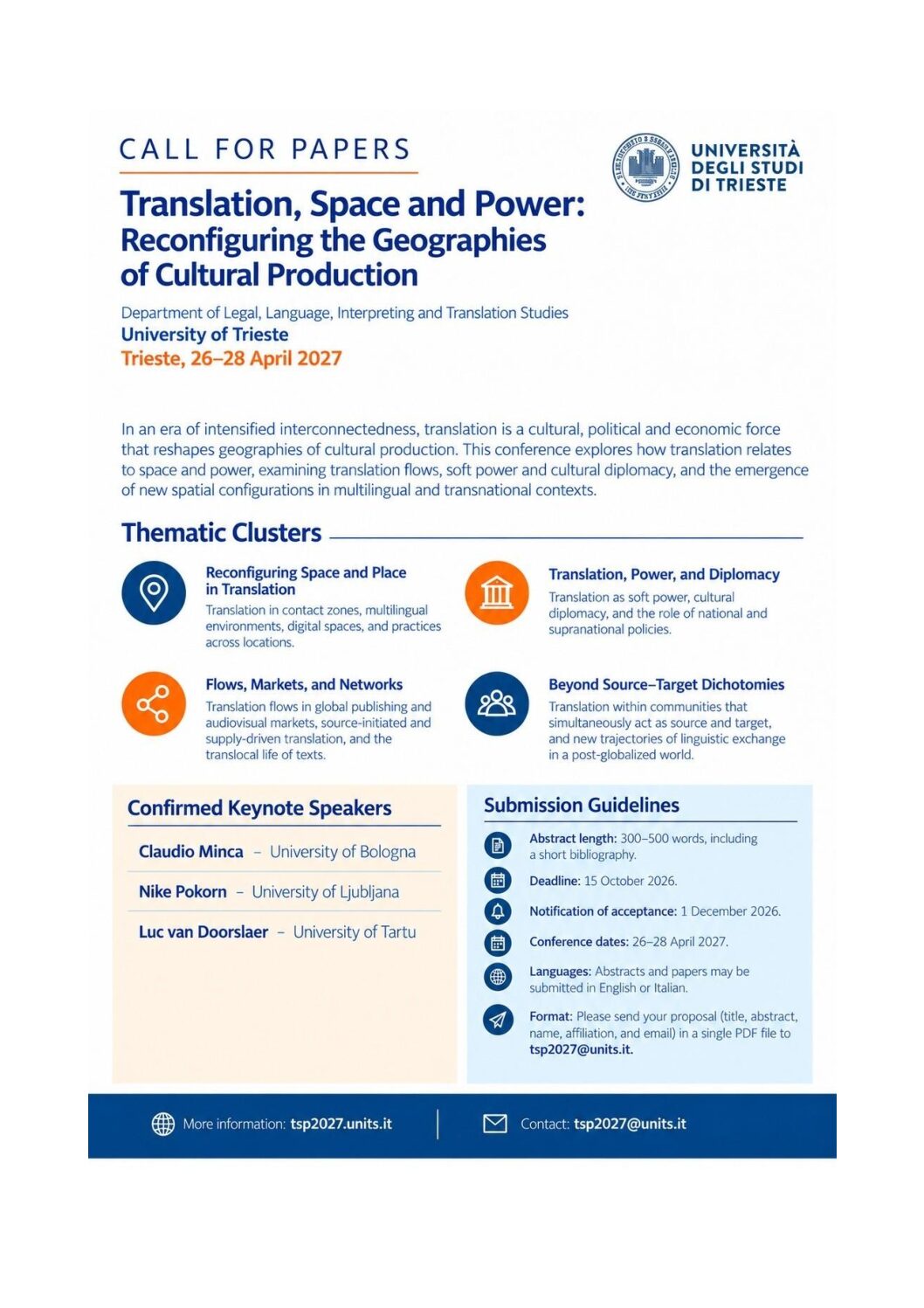 CFP Translation, Space and Power: Reconfiguring the Geographies of Cultural Production – Department of Legal, Language, Interpreting and Translation Studies  –  University of Trieste   Trieste, 26–28 April 2027