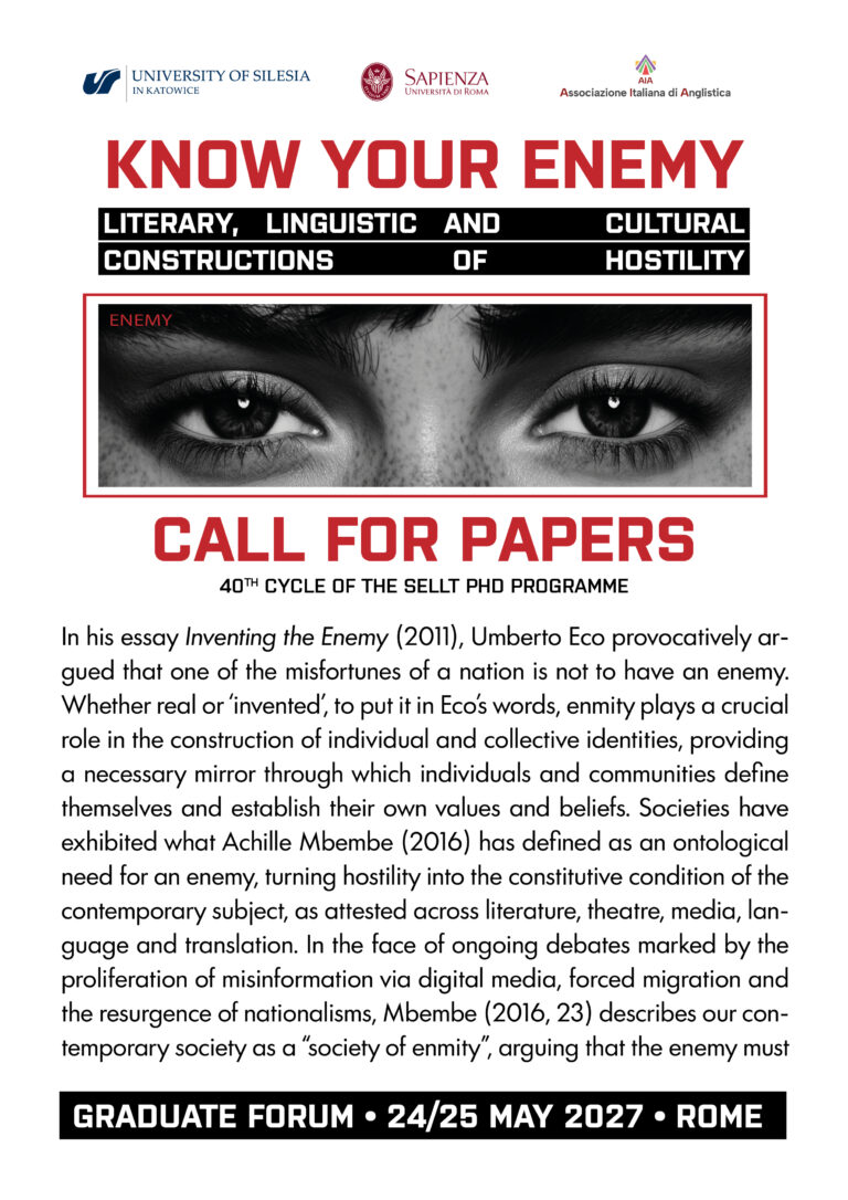 Know Your Enemy. Literary, Linguistic and Cultural Constructions of Hostility – Graduate Forum • 24/25 May 2027 • Rome, Sapienza University